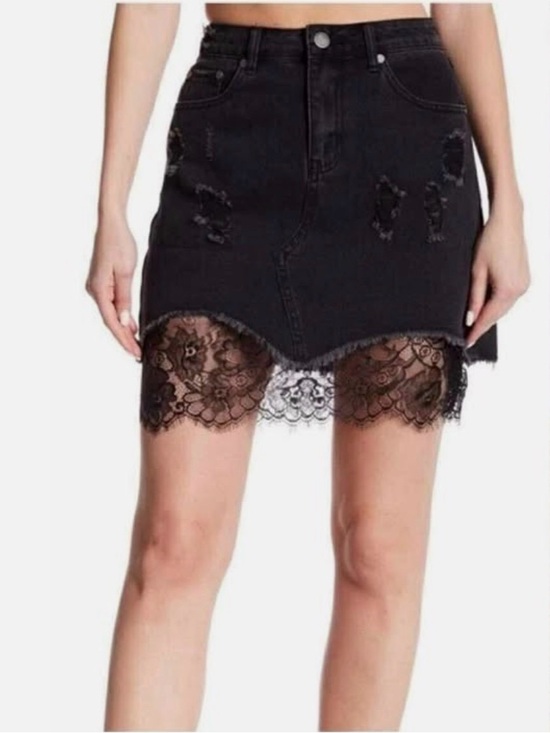 Free Generation Dresses & Skirts - Romeo & Juliet Couture Women's Distressed Lace-Trim Denim Mini Skirt